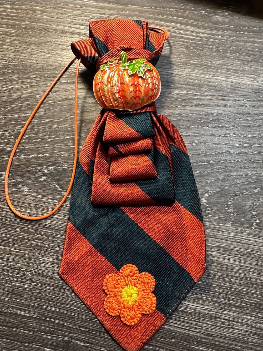Necklace Tie Orange & Green StripedTie with Pumpkin and Flower Accent